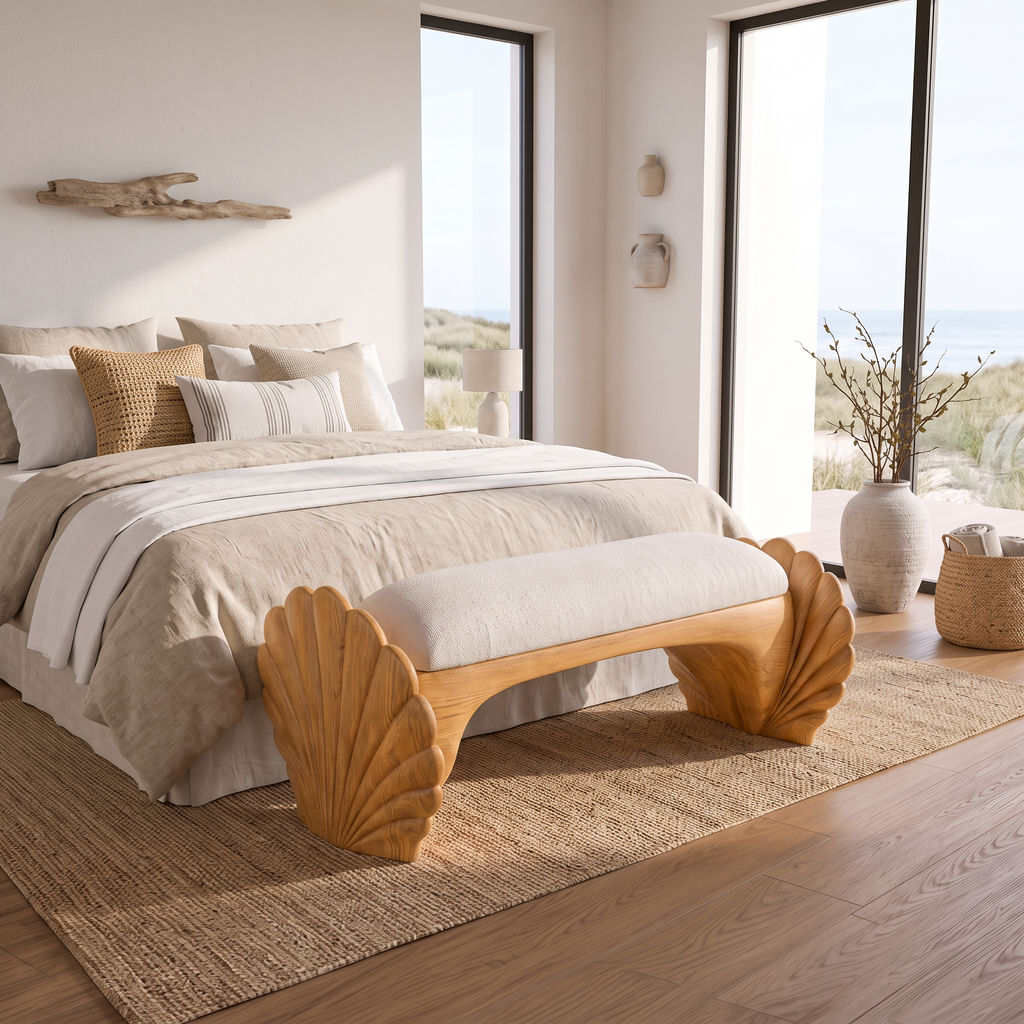 Natural Accent Bench With Seashell Carved Design For Bedroom