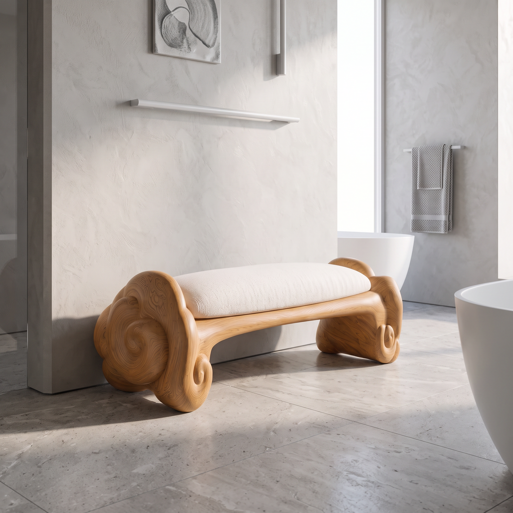 Minimalist Accent Bench With Rounded Cloud Shaped Legs For Bathroom