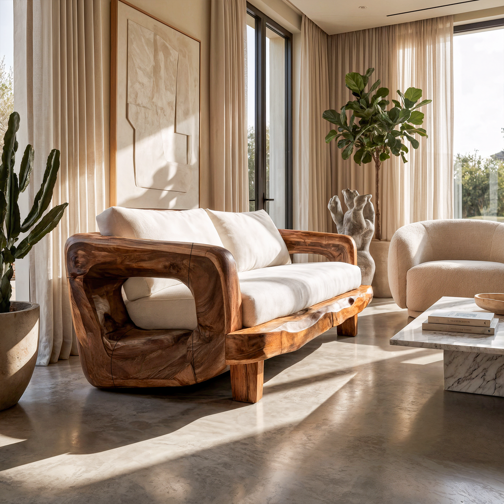 Rustic Sculptural Frame Sofa For Living Room And Lounge Area