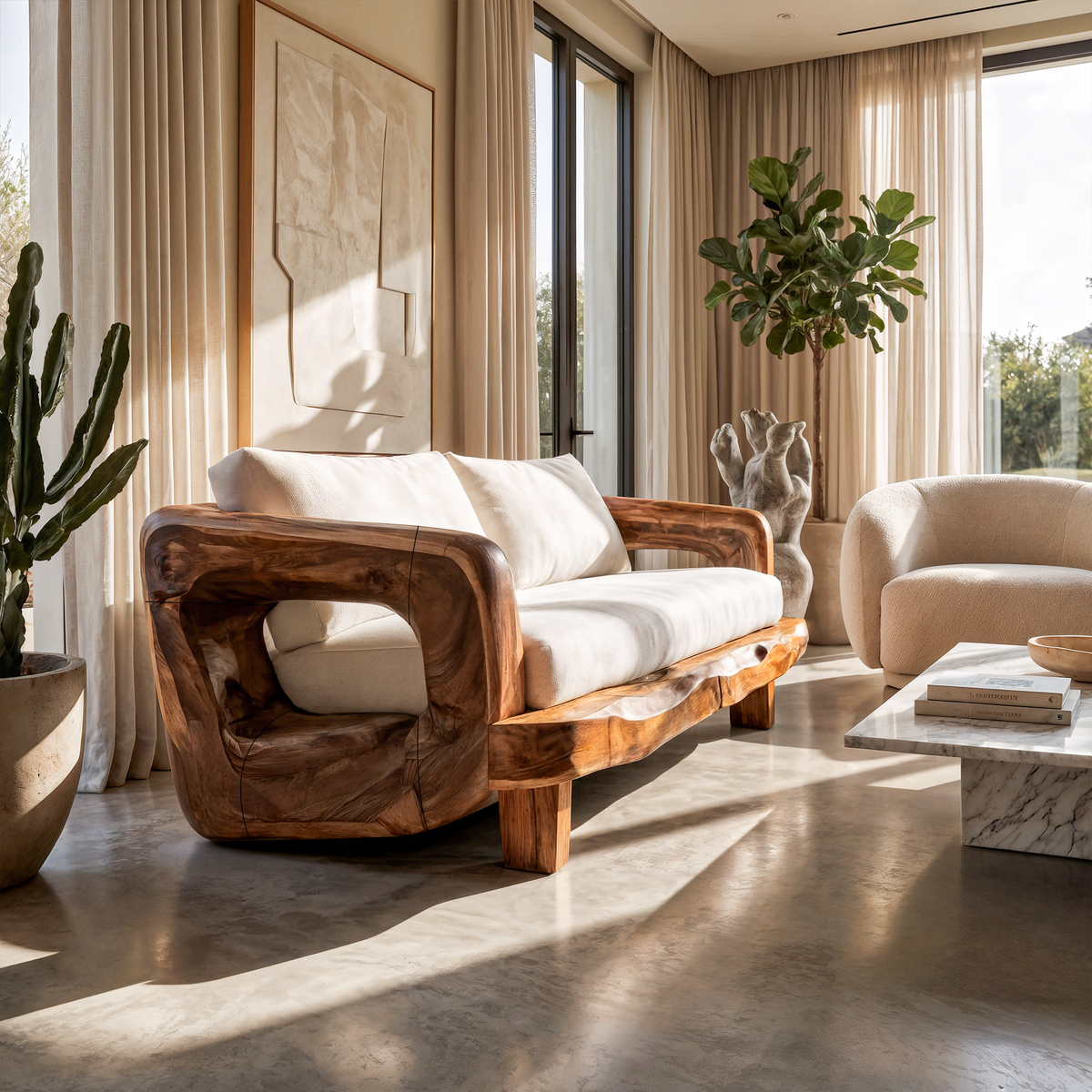 Rustic Sculptural Frame Sofa For Living Room And Lounge Area