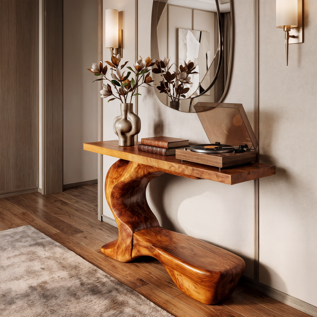 Rustic Sculptural Console Table With Curved Base For Entryway