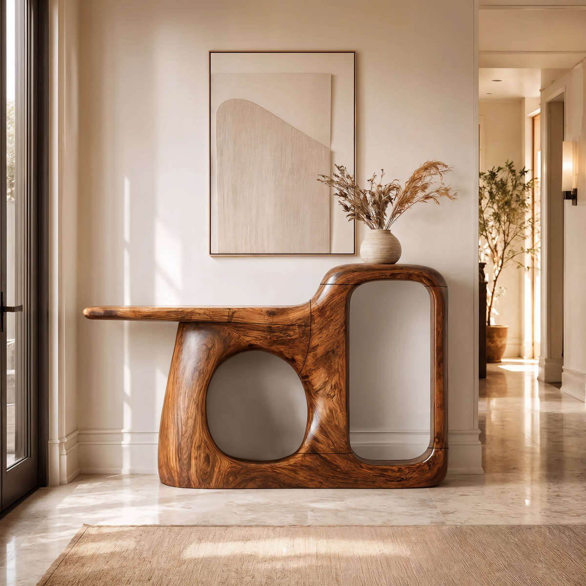 Organic Console Table With Sculptural Open Frame For Entryway