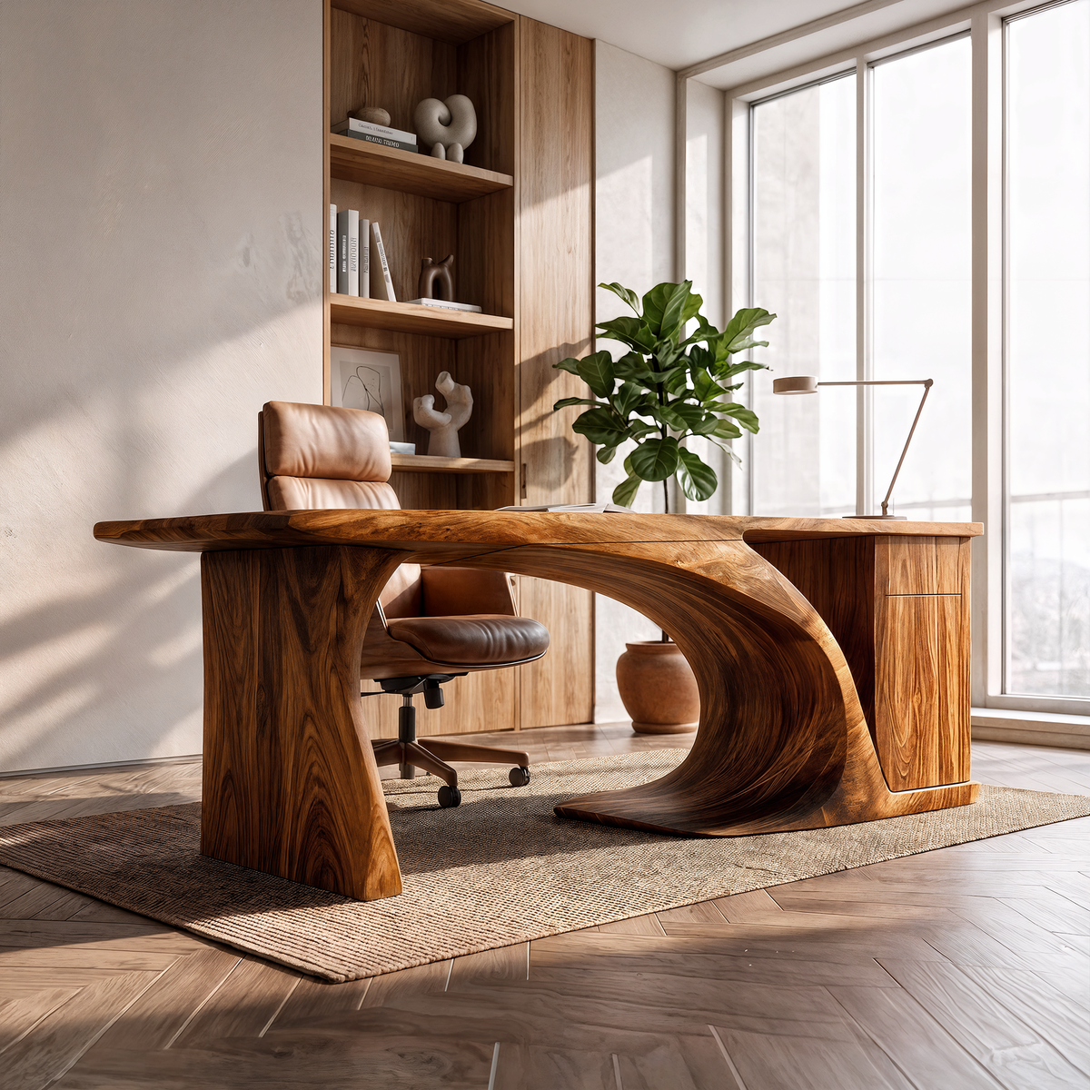 Modern Sculptural Desk With Curved Base And Storage For Home Office
