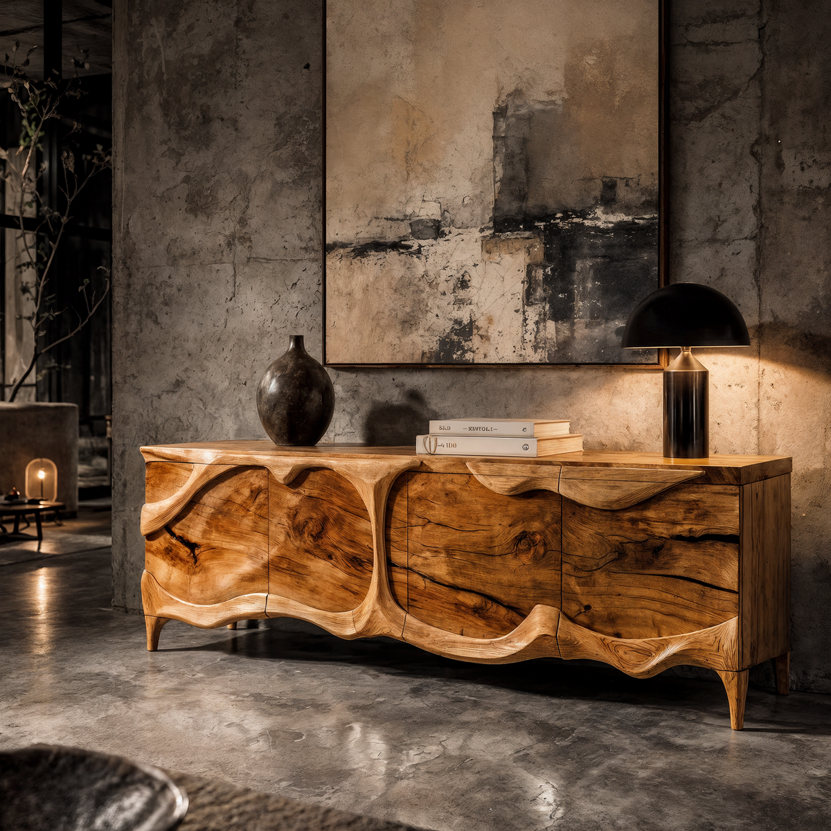 Rustic Sideboard With Sculptural Front Design For Living Room