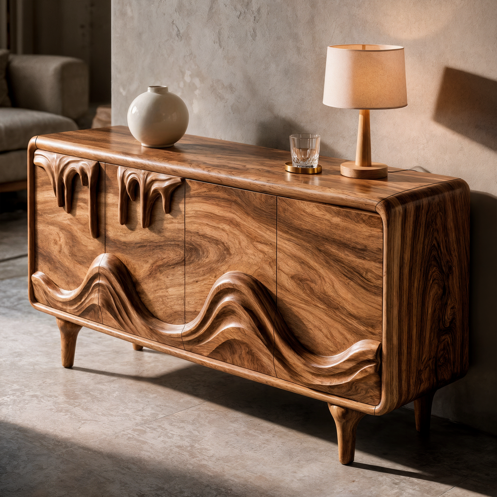 Mid Century Sideboard With Intricately Carved Front Design For Living Room