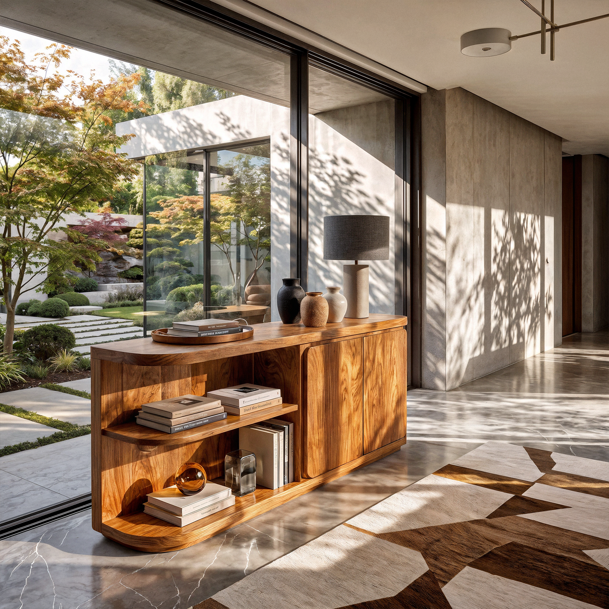 Modern Sideboard With Rounded Frame And Open Storage For Living Room