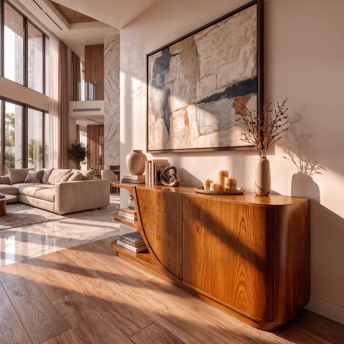Modern Sideboard With Rounded Frame And Panel Doors For Living Room