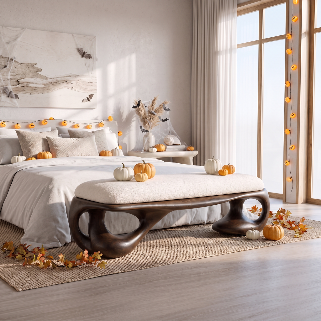 Modern Halloween Upholstered Bench With Sculptural Curved Frame For Bedroom And Entryway