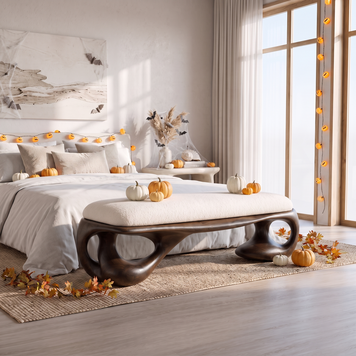 Modern Halloween Upholstered Bench With Sculptural Curved Frame For Bedroom And Entryway