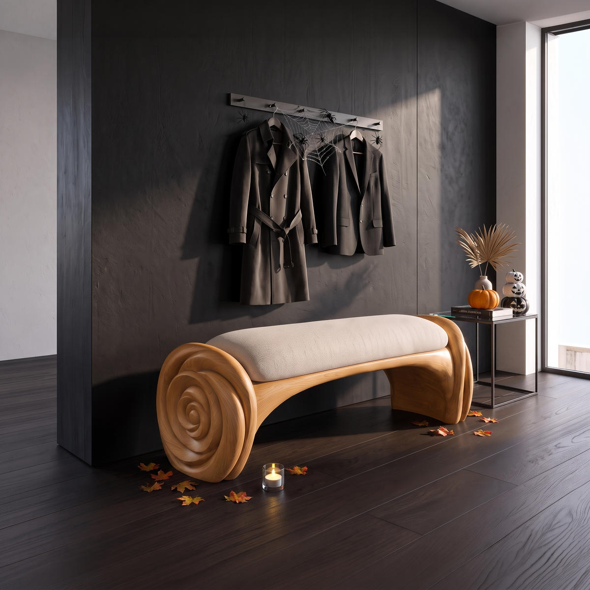 Natural Halloween Accent Bench With Carved Petal Form Legs For Dressing Room