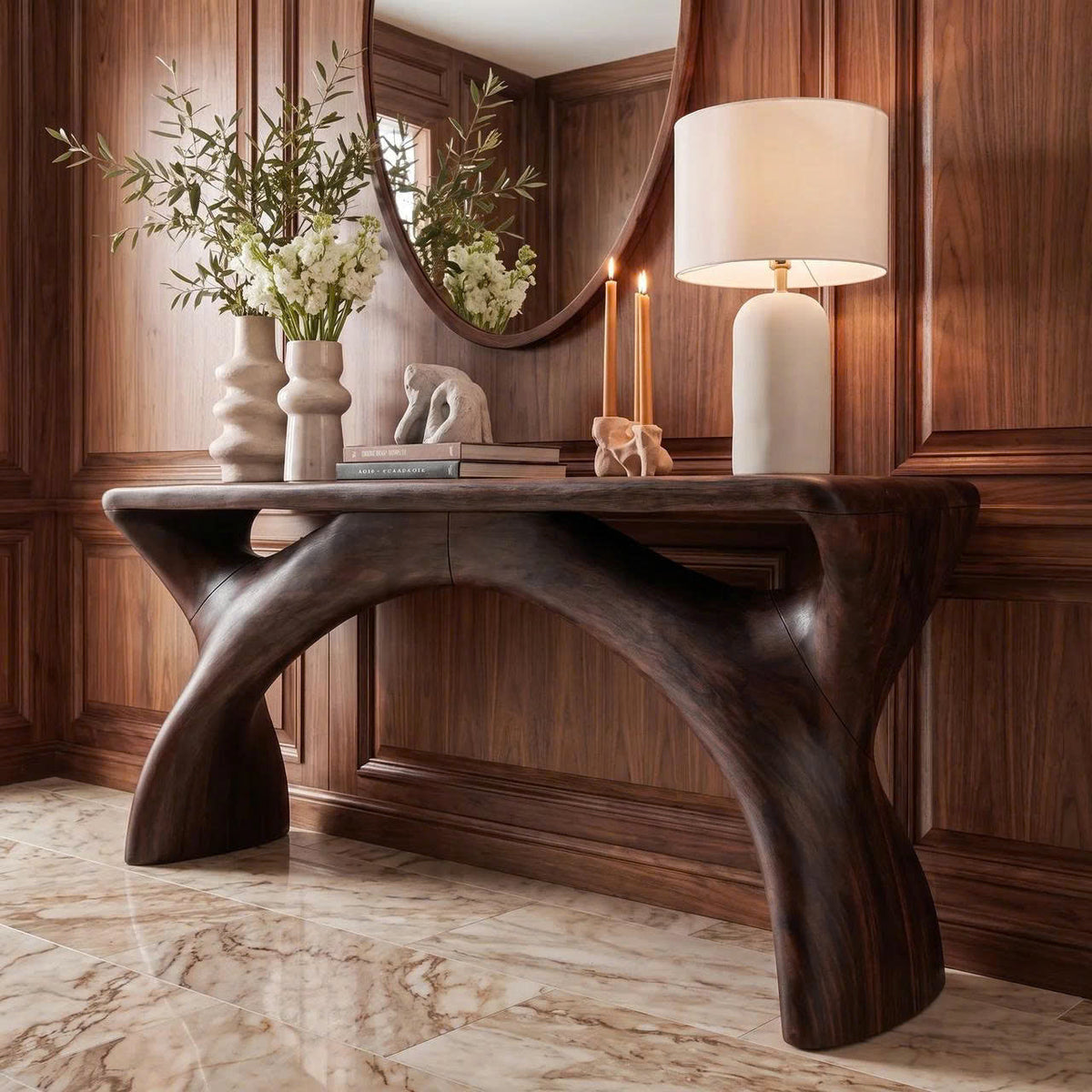 Mid Century Console Table With Flowing Curved Frame For Entryway