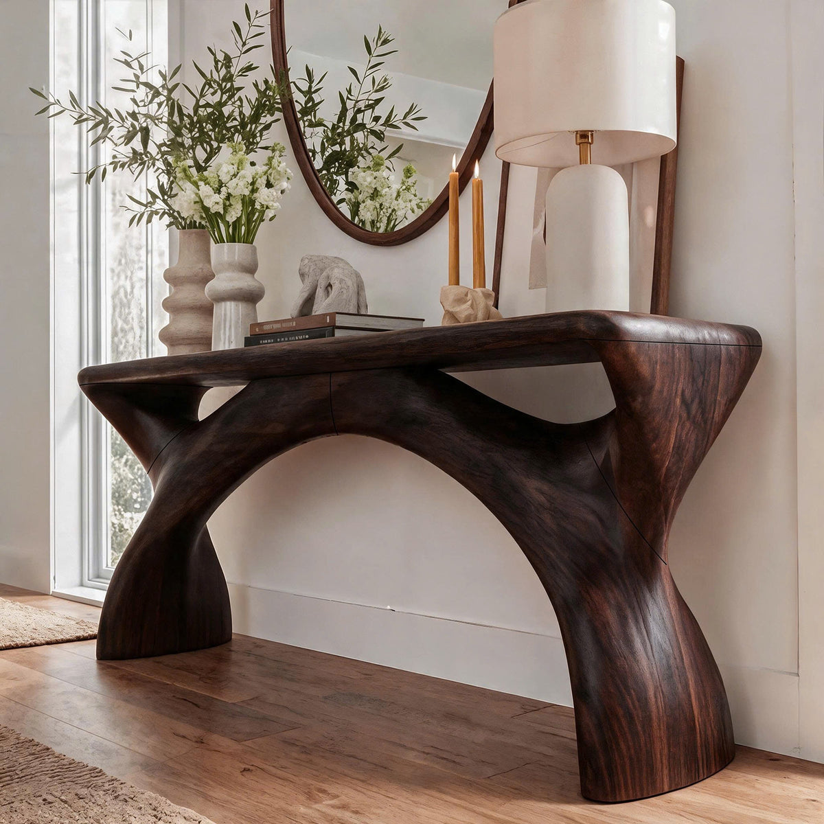 Mid Century Console Table With Flowing Curved Frame For Entryway