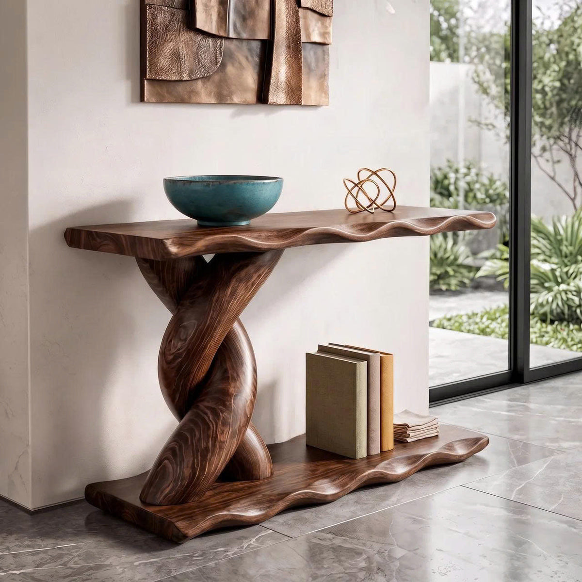Contemporary Console Table With Spiral Base And Lower Display Shelf For Living Room