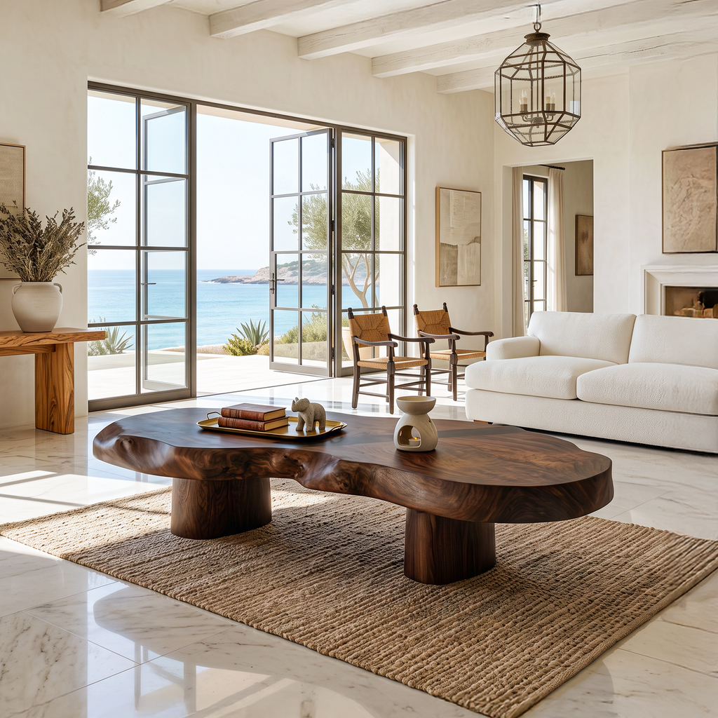 Modern Solid Wood Coffee Table With Sculptural Slab Top For Living Room