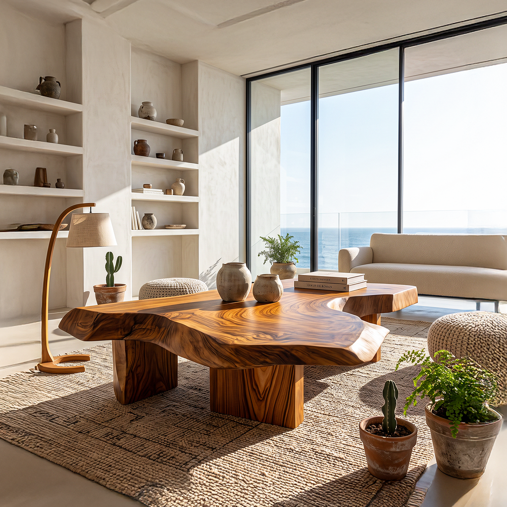 Modern Solid Wood Coffee Table With Sculptural Slab Top For Living Room