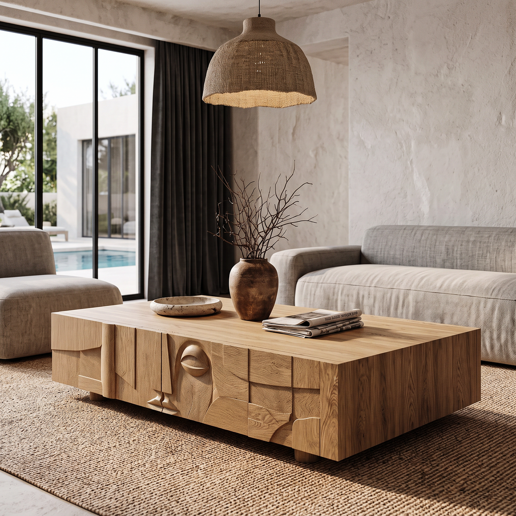 Modern Statement Coffee Table With Textured Relief Drawers For Living Room