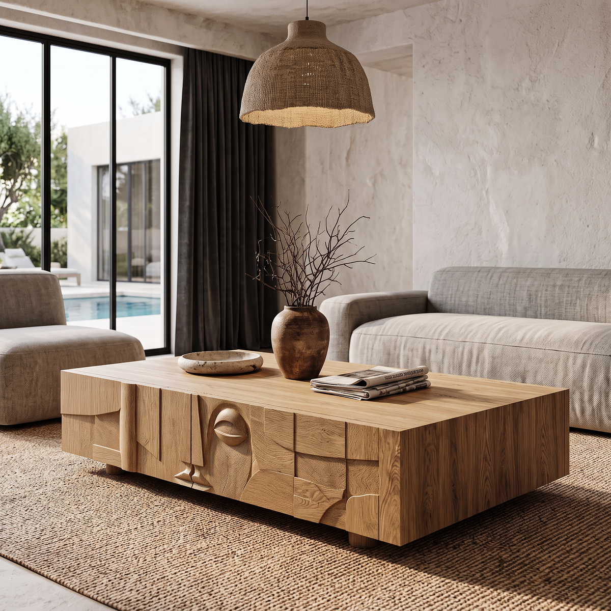 Modern Statement Coffee Table With Textured Relief Drawers For Living Room