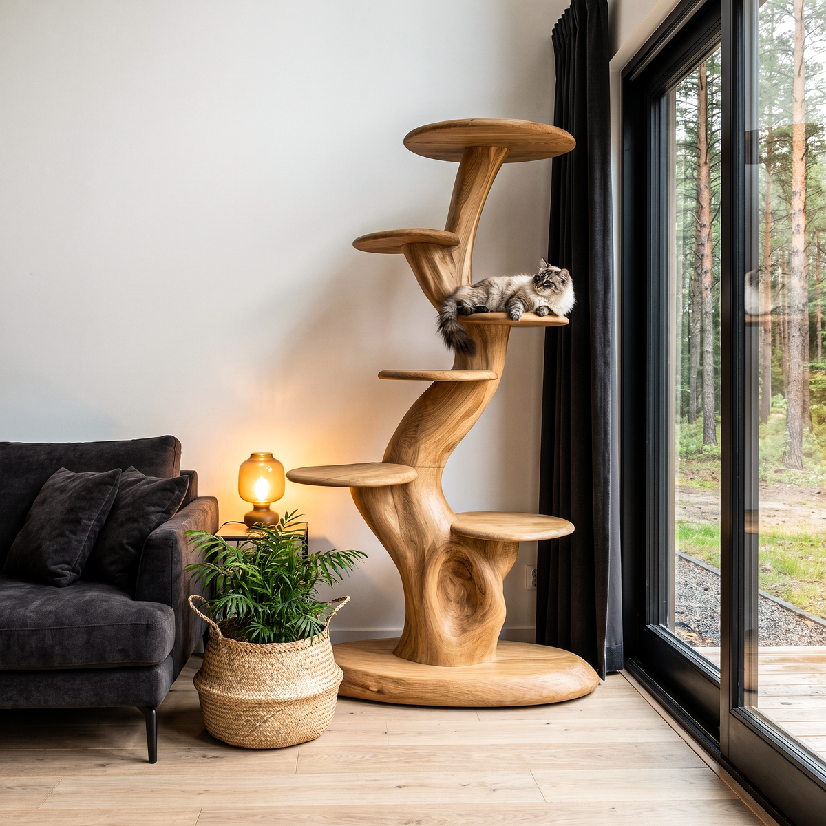Rustic Sculptural Cat Tree With Multi Level Platforms For Living Room