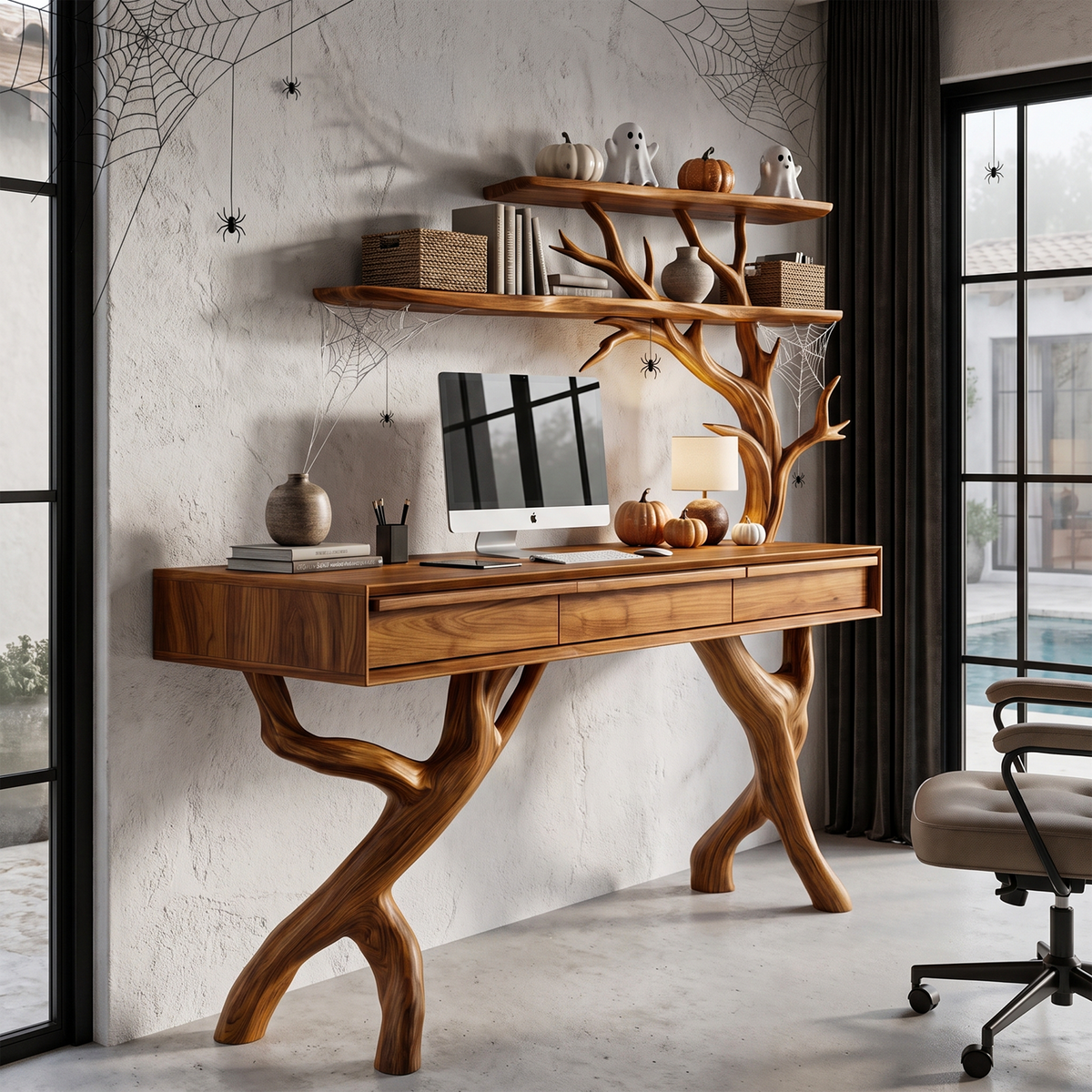 Rustic Tree Branch Desk With Halloween Spider Web Shelves For Home Office