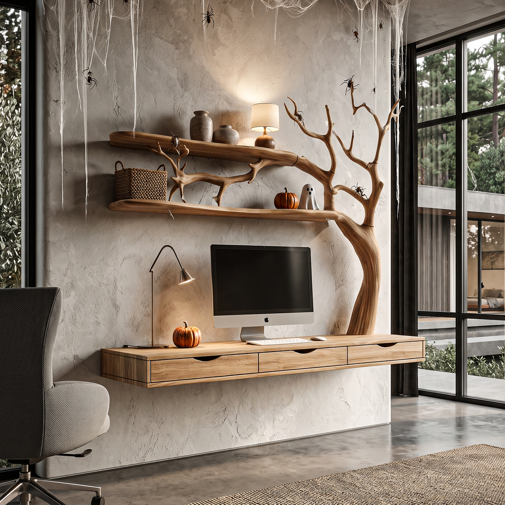 Natural Halloween Desk With Drawers And Spooky Branch Design For Home Office