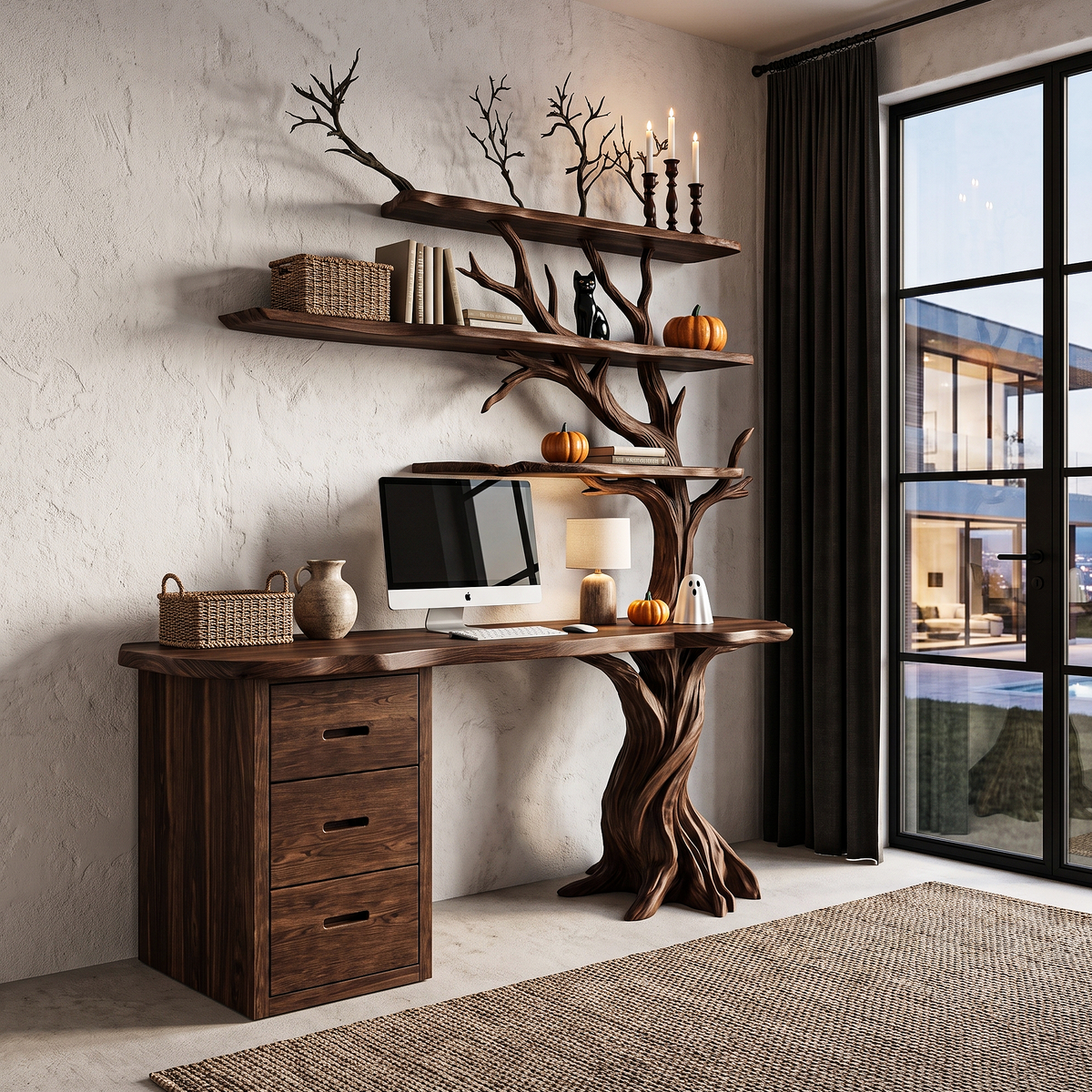 Contemporary Halloween Writing Desk With Haunted Tree Silhouette For Bedroom