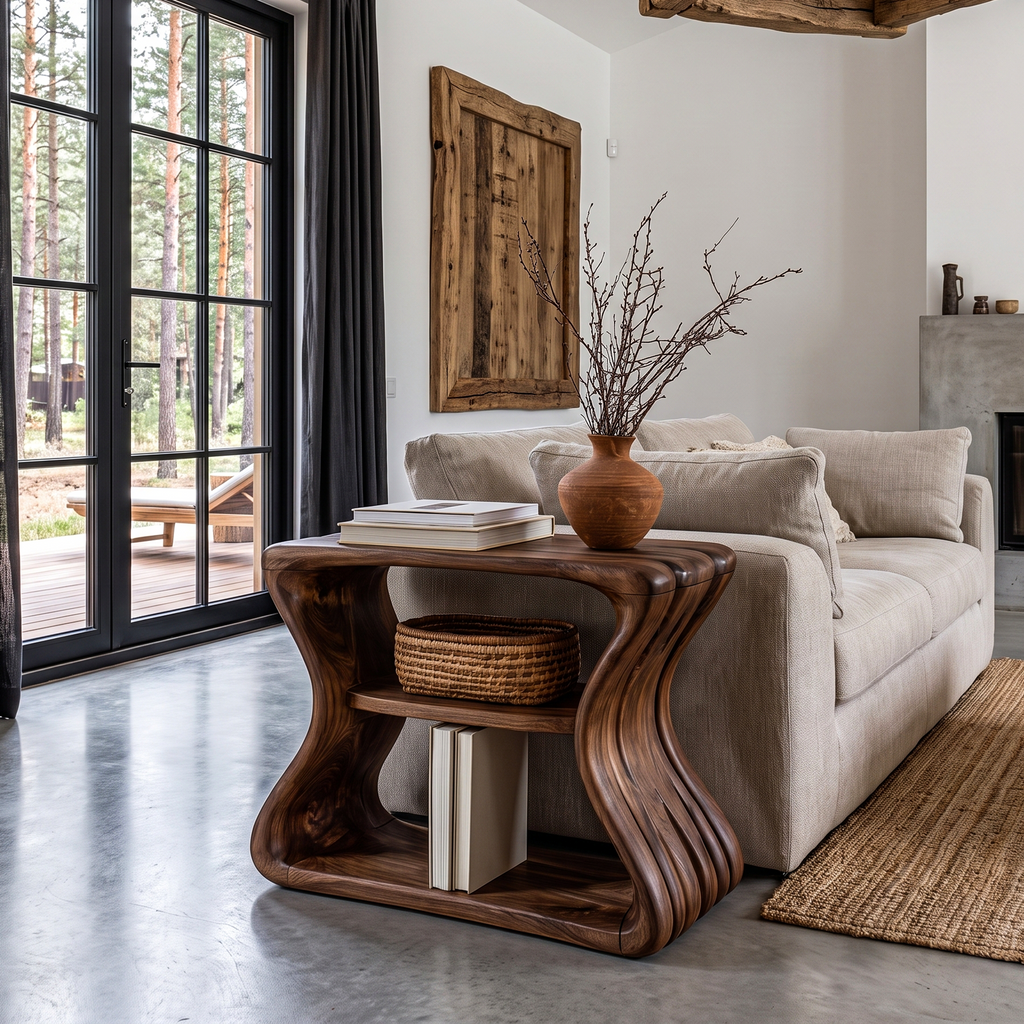 Contemporary Beside Table With Flowing Curved Frame For Living Room