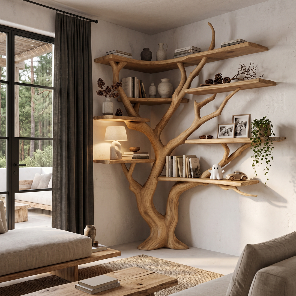 Modern Corner Tree Bookshelf With Asymmetrical Shelves For Living Room