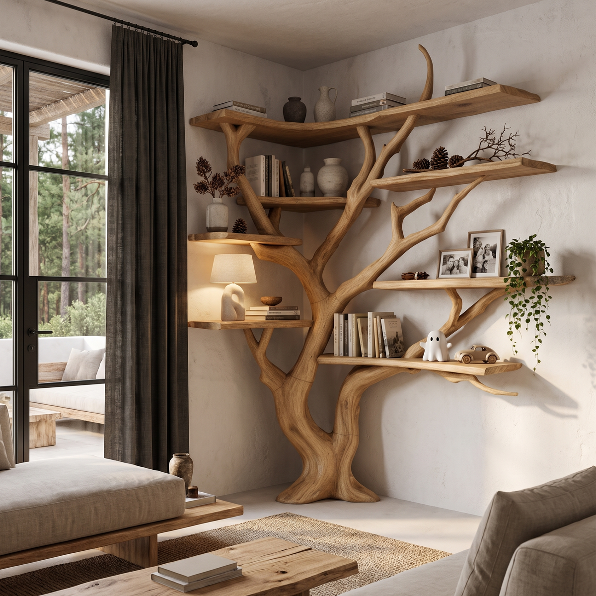 Modern Corner Tree Bookshelf With Asymmetrical Shelves For Living Room