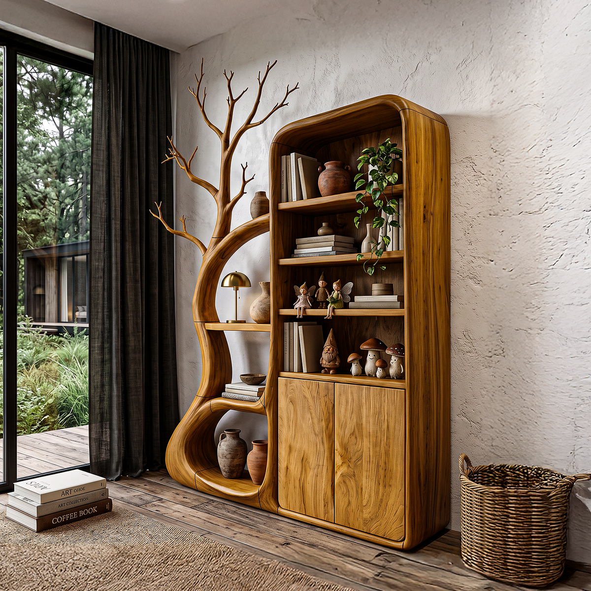 Rustic Tree Cabinet With Branch Inspired Shelving For Reading Room