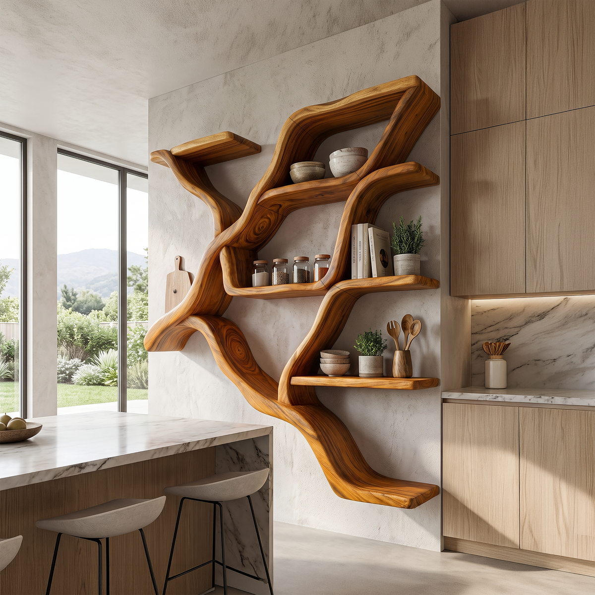 Organic Tree Branch Wall Mounted Shelves For Kitchen