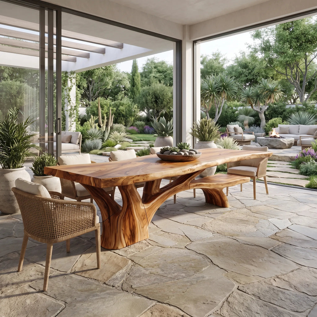 Natural Outdoor Dining Table Rectangle Dining Table Branch Base For Covered Patio
