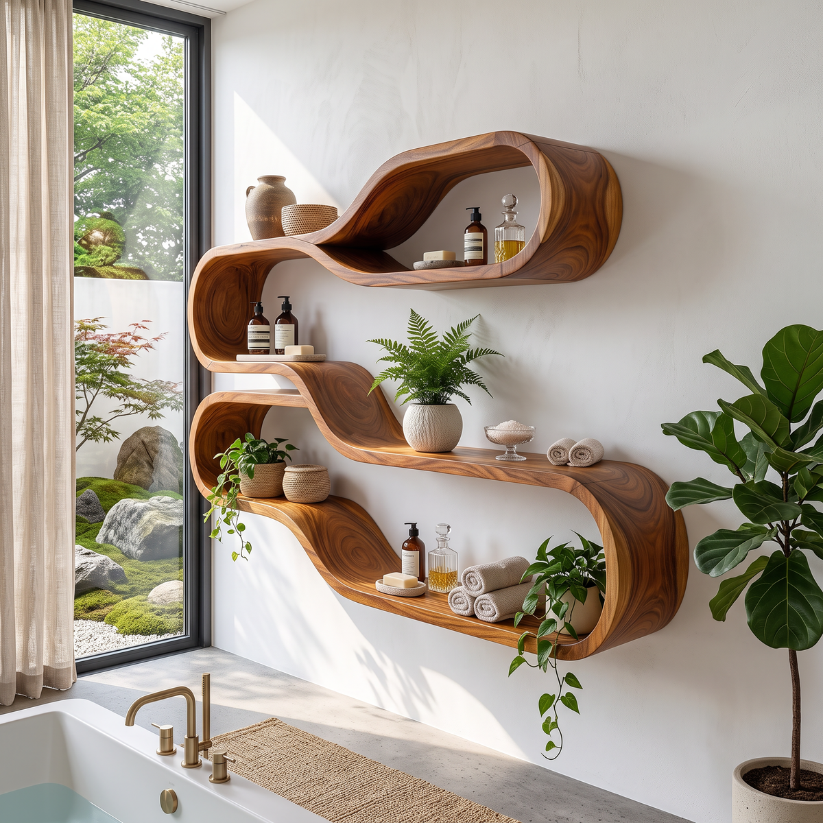 Japandi Wooden Wall Mounted Shelves For Bathroom