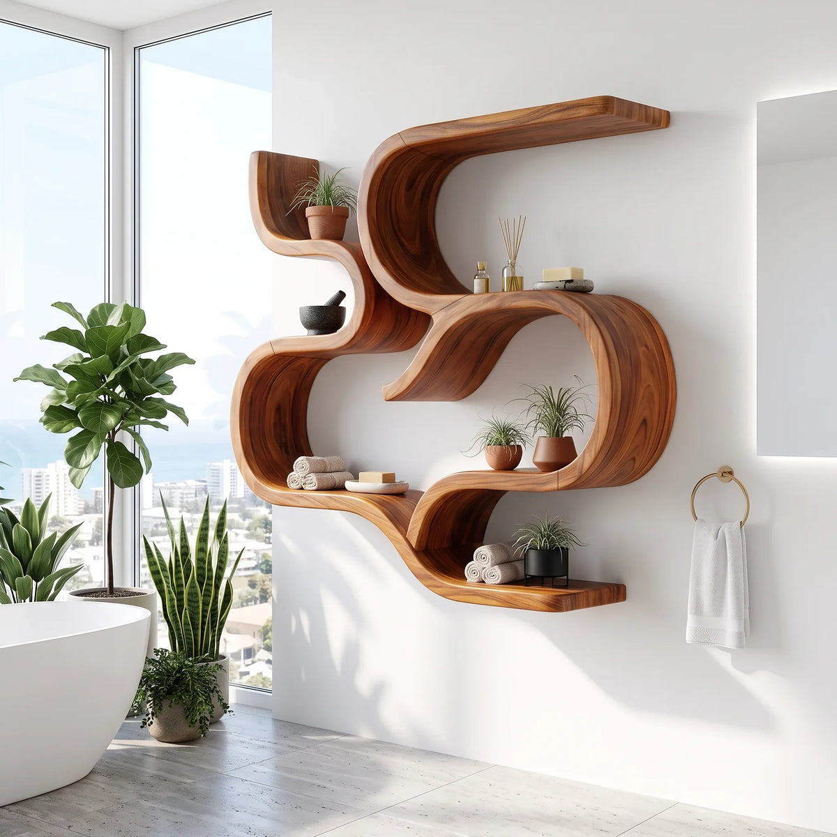 Mid Century Curved Floating Shelves For Powder Room