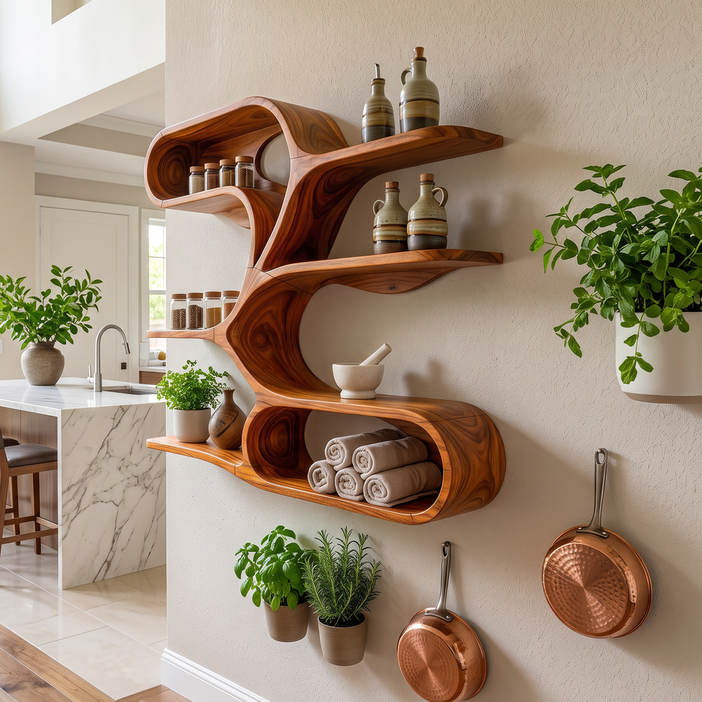 Organic Sculptural Wooden Wall Shelves For Kitchen