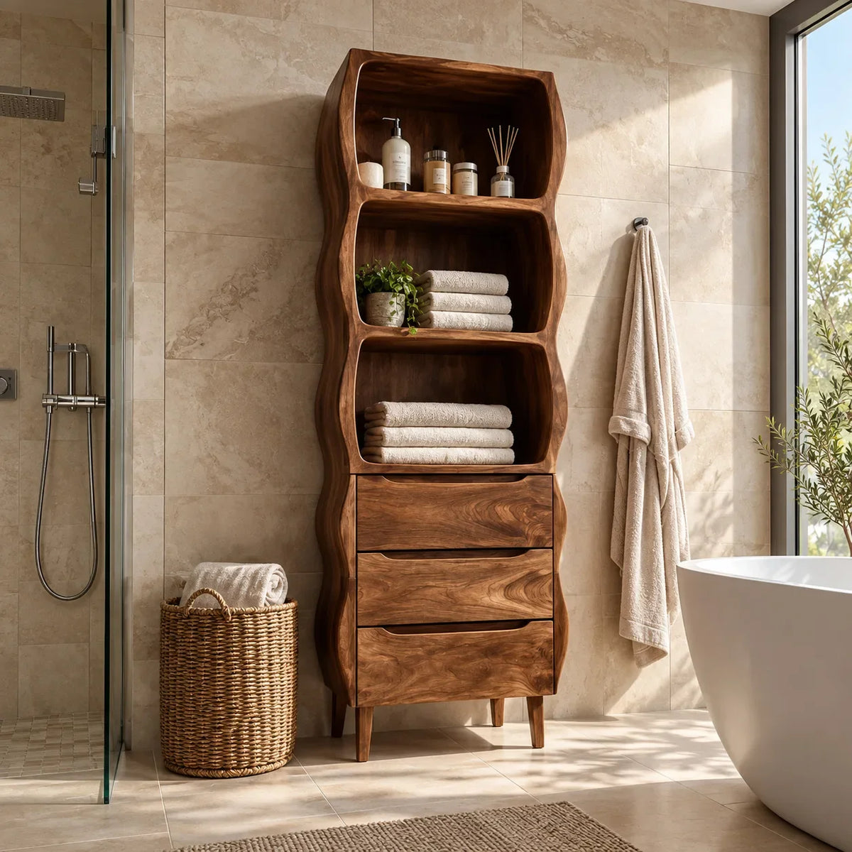 Modern Tall Bathroom Cabinet With Wavy Edges For Bathroom