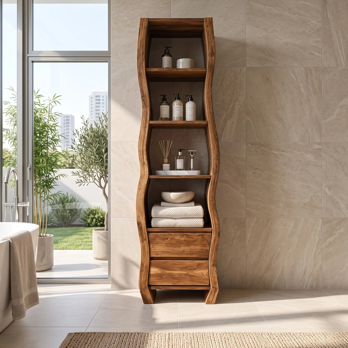 Sculptural Bathroom Cabinet With Open Shelves And Drawers For Bathroom