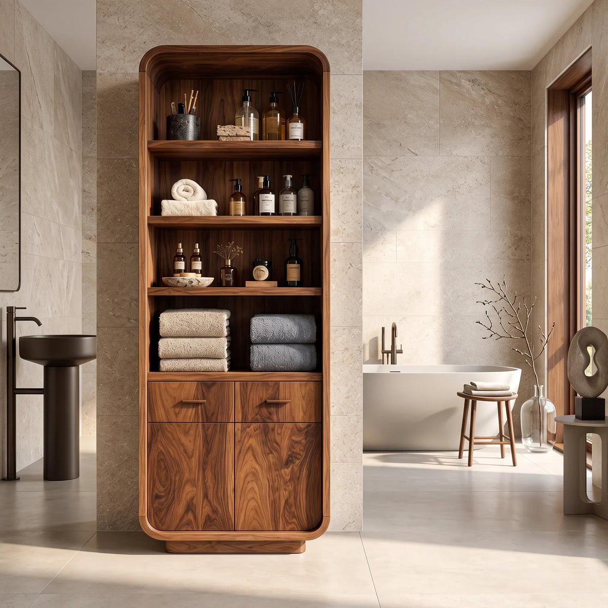 Contemporary Tall Bathroom Cabinet With Open Shelves For Bathroom