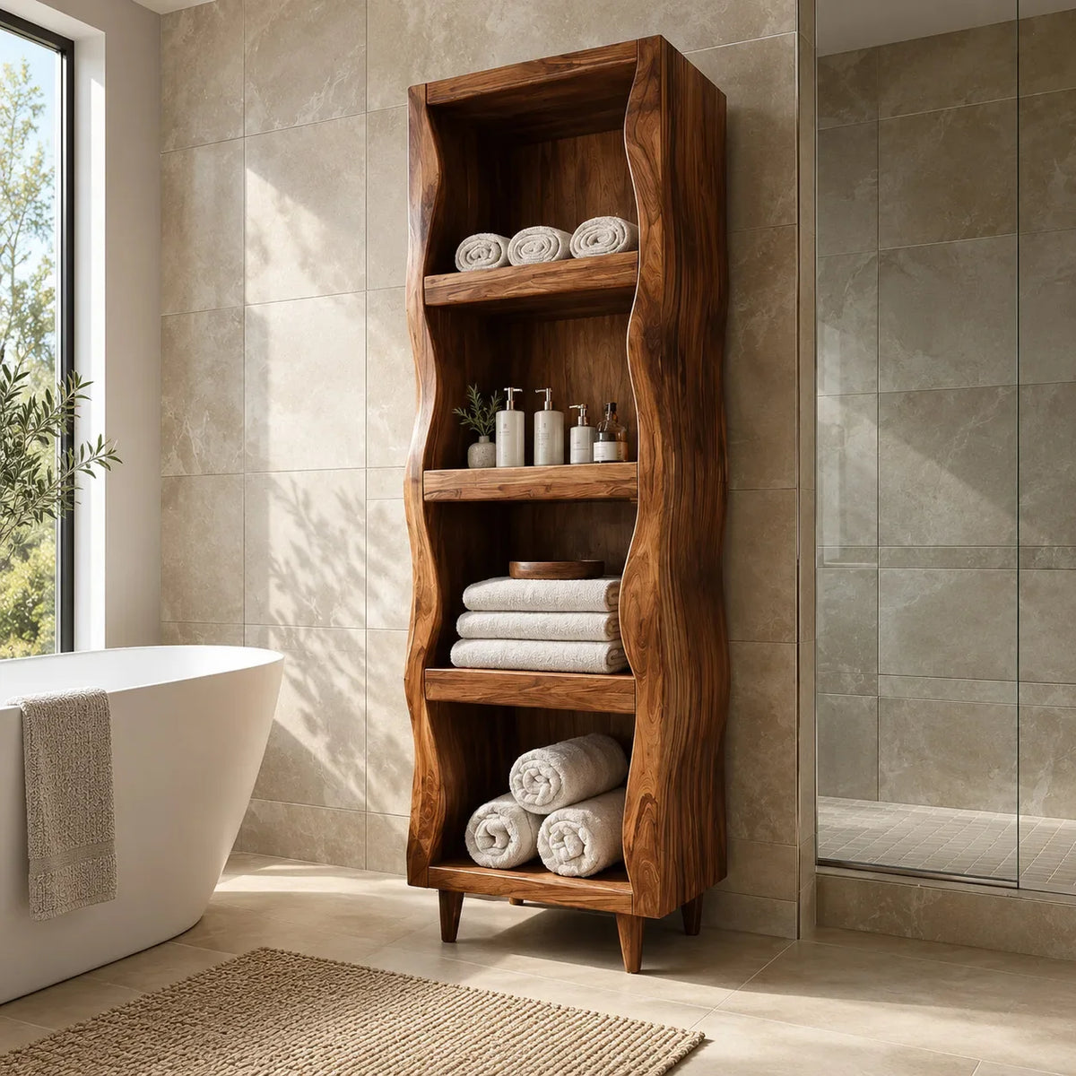 Sculptural Wavy Bathroom Cabinet With Open Shelves For Bathroom