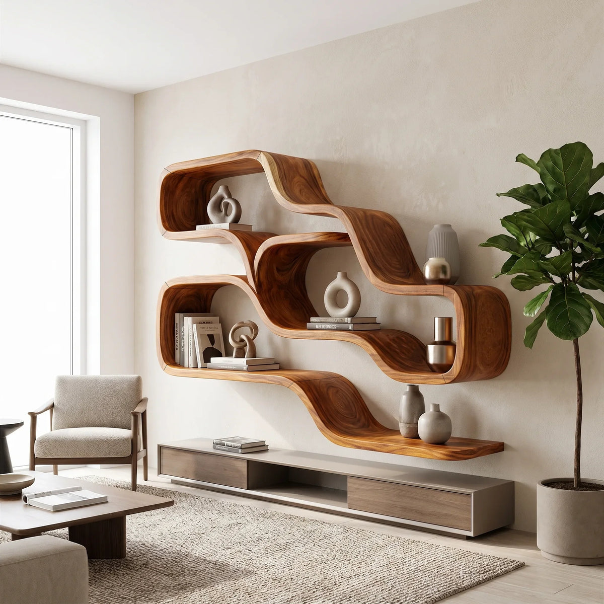 Farmhouse Organic Wood Shelves For Reading Nook