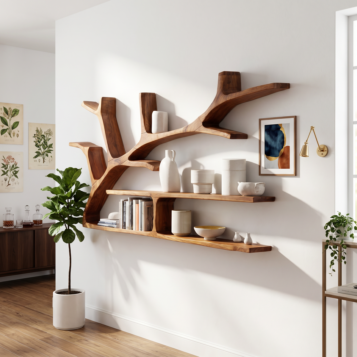 Rustic Tree Branch Floating Shelves For Living Room