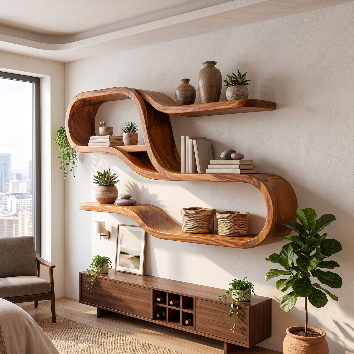 Mid Century Modern Wooden Display Shelves For Bedroom