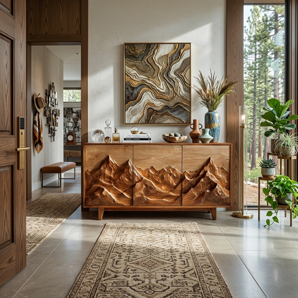 Modern Wood Sideboard With Mountain Relief For Home Interior