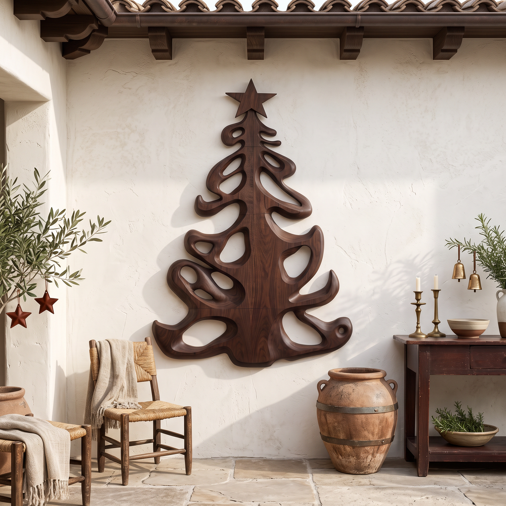 Organic Xmas Wooden Holiday Decor With Fluid Tree Silhouette For Entryway