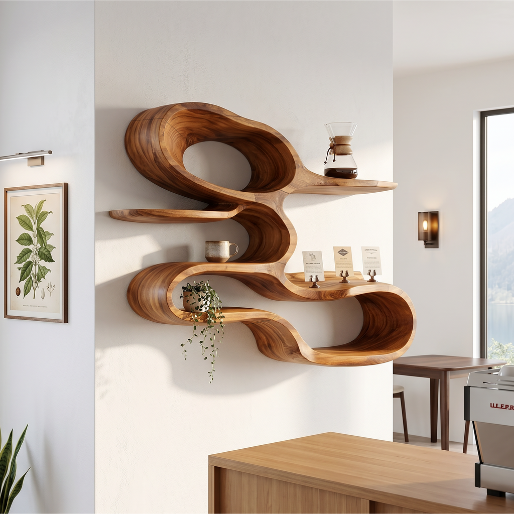 Modern Sculptural Wooden Wall Shelves For Coffee Bar