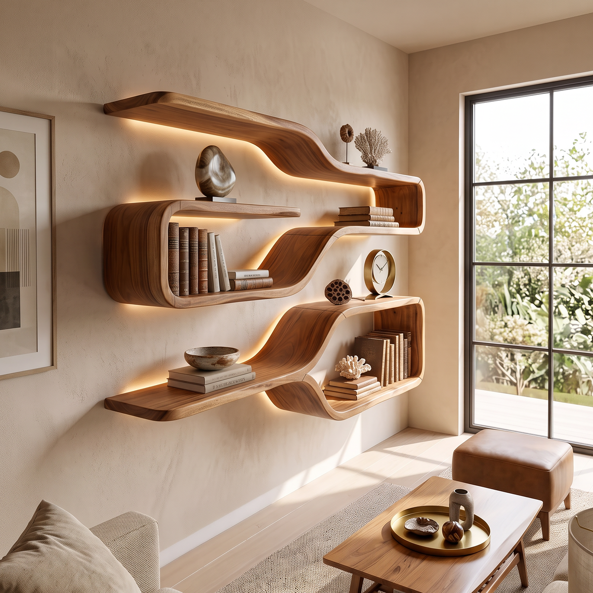 Mid Century Live Edge Wood Shelves For Dining Room