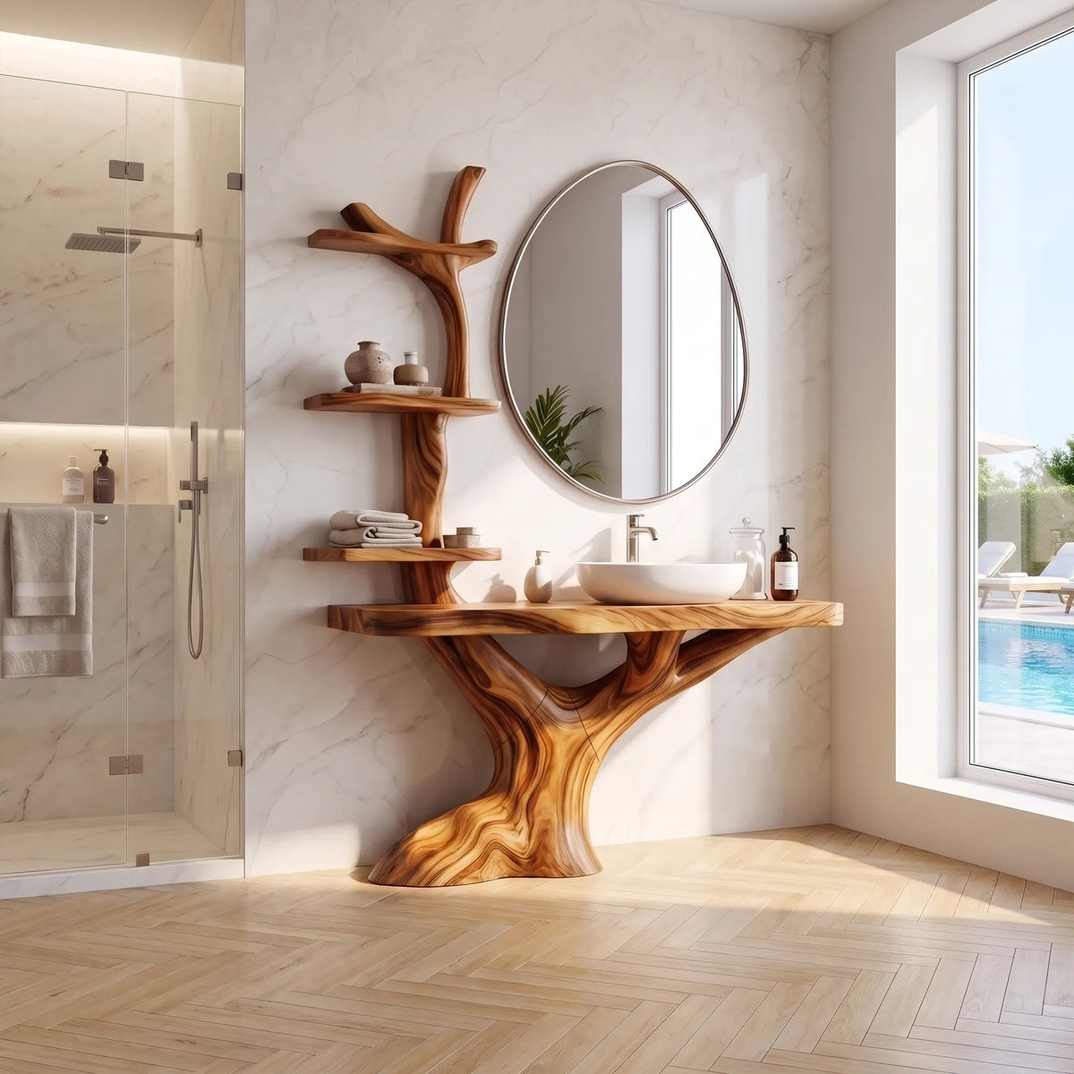 Natural Bathroom Vanity With Sink Wooden Bathroom Vanity Modern Bathroom Vanity Integrated Vertical Shelves For Primary 