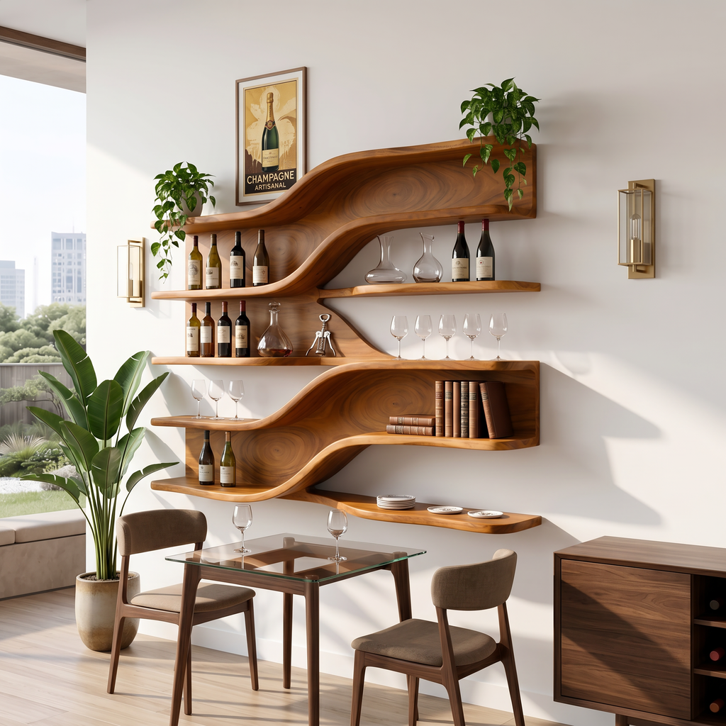 Modern Wooden Wall Mounted Bar Shelves For Dining Room