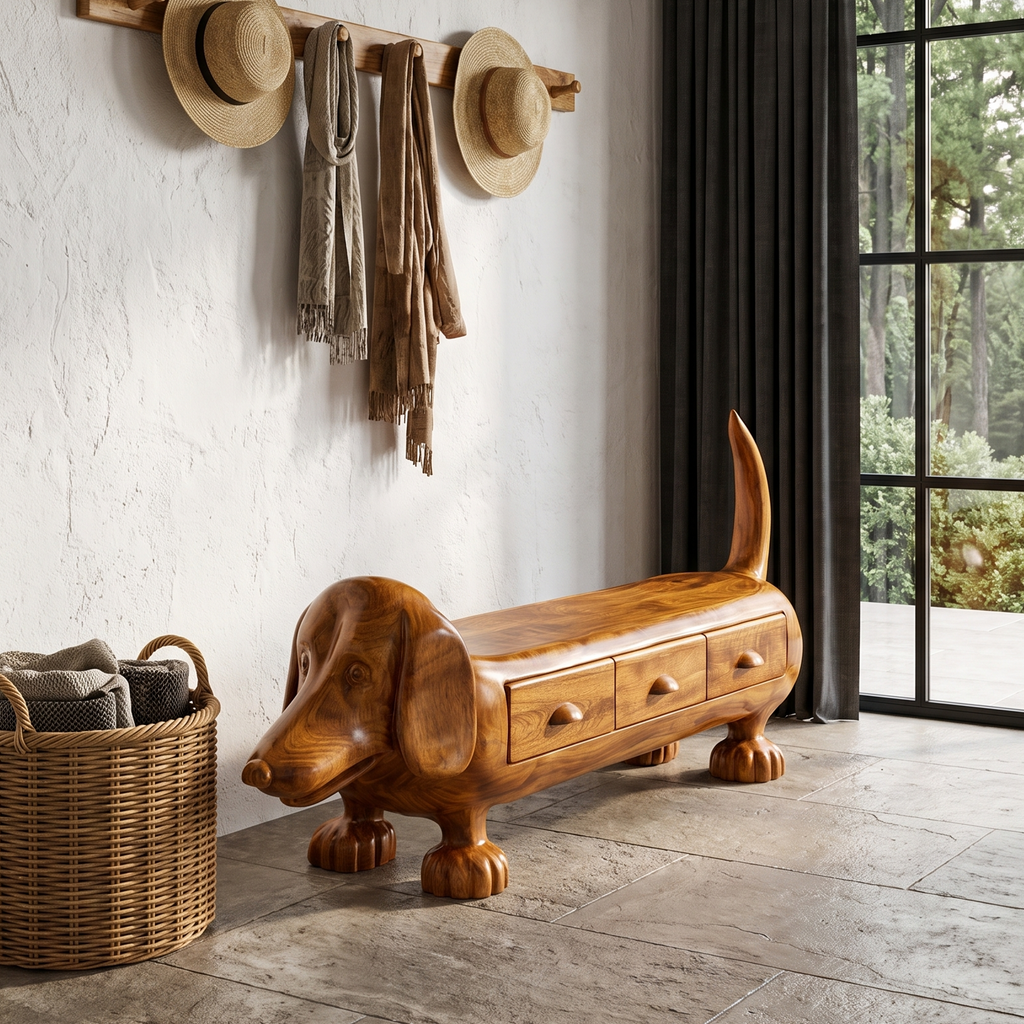 Rustic Dachshund Storage Bench For Entryway And Mudroom