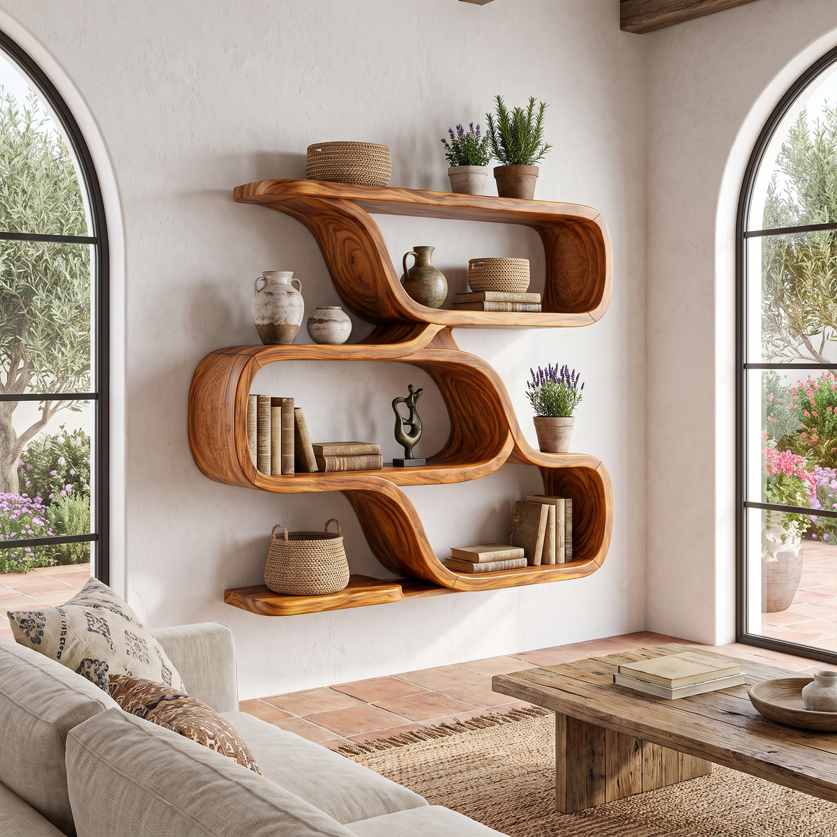 Farmhouse Curved Wood Shelves For Entryway