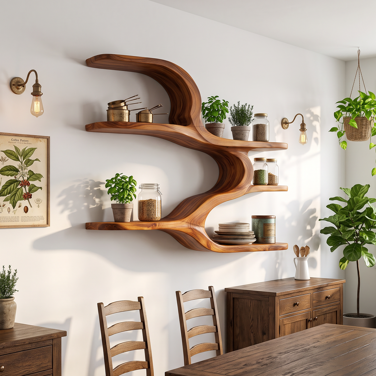 Organic Sculptural Wooden Wall Shelves For Dining Room